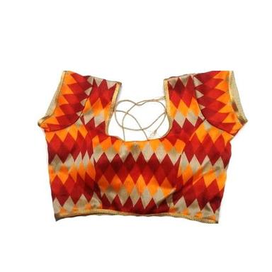 Indian Orange Colour Party Wear Printed Blouses With Cotton Fabrics And Short Sleeves