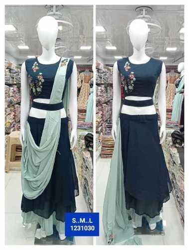 Blue  Round Neck Sleeveless Embroidery Party Wear Polyester Lehenga Choli For Ladies