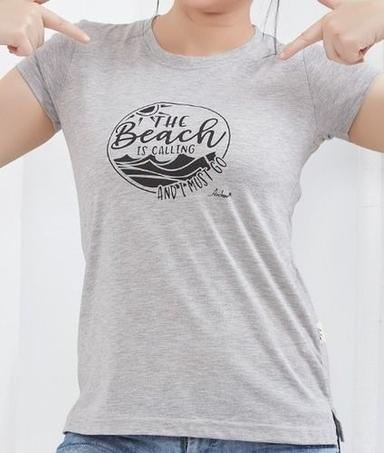 Short Sleeve Light In Weight Cotton Fabric Grey Round Neck Ladies T-Shirt  Age Group: 15-28