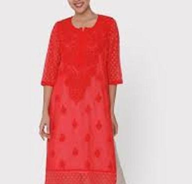 Women'S 3/4Th Sleeves Stylish Red Straight Chikankari Kurti With Red Thread Work Decoration Material: Beads