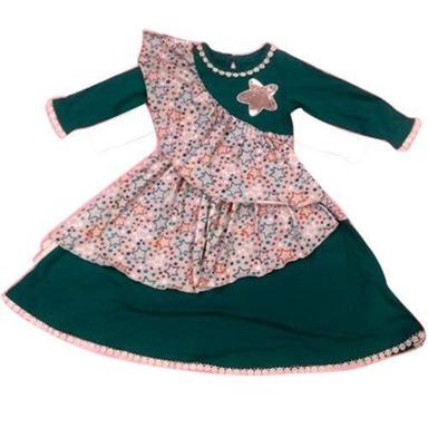 Green Casual Wear Fancy Design Kids Frock With 100% Breathable Cotton Fabrics