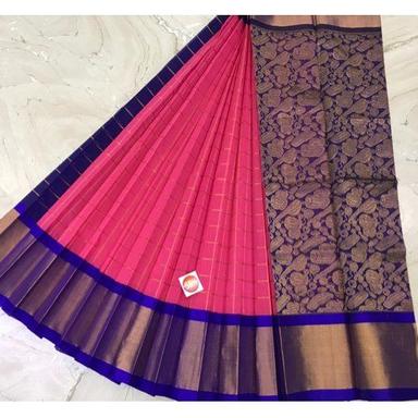 Banarasi Festive Wear Checked Printed Pink And Blue Border Silk Cotton Saree With Blouse Piece