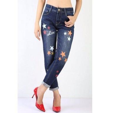 Quick Dry Star Design, Slim Fit, Stylish And Comfortable Ladies Printed Blue Denim Faded Jeans 
