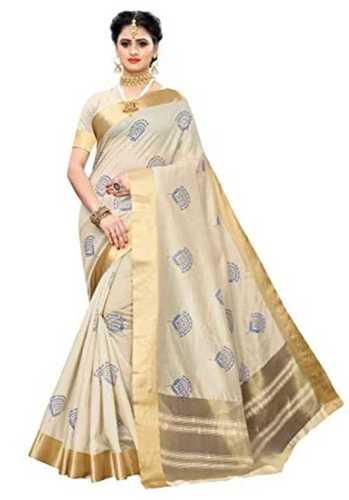 Winter Ladies Party Wear Off White Printed Pure Georgette Banarasi Saree With Golden Border