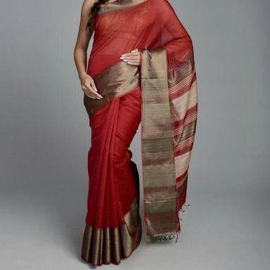 Cotton Silk Party Wear Red And Broad Border Ladies Saree With Unstitched Blouse Piece
