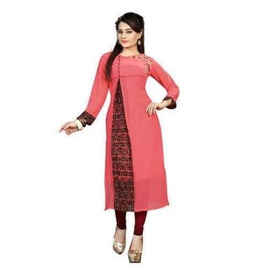 Washable 100 Percent Cotton Fabric Pink Printed Full Sleeve Comfortable To Wear Ladies Kurtis