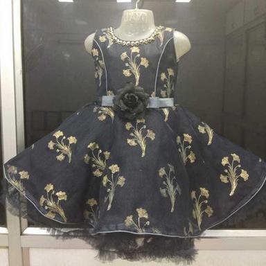 Quick Dry Grey And Designer Frock For Kids, Black Color With Yellow Flower Print