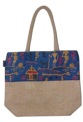 Brown & Blue Eco Friendly And Biodegradable Natural Fiber Designer Fancy Jute Bag For Shopping And Gifts 