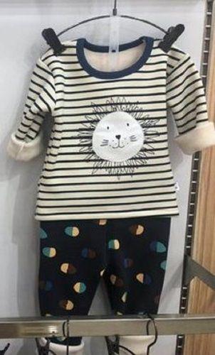 Dry Cleaning Children Winter Wear Round Neck Full Sleeves White Striped Top With Blue Pajama