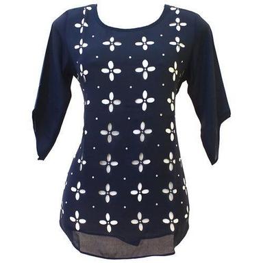 Dresses Light Weight Smooth Finish Party Wear Floral Printed Navy Blue Ladies Top