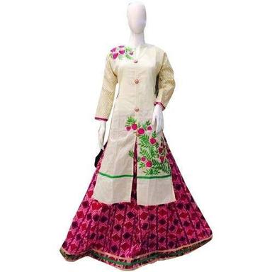 Indian Women Printed Cotton Pink And White Suit With Skirt, Full Sleeves Stylish