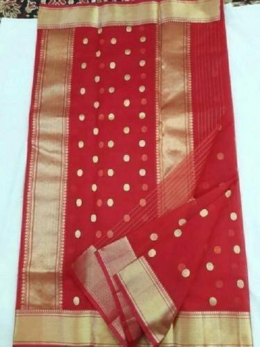 Party Wear Long Lasting Comfortable Material Red Printed Chanderi Silk Ladies Saree
