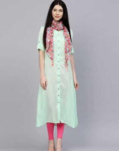 Green Skin Friendliness Elegant Look Breathable White Ladies Cotton Kurti With Pink Leggings