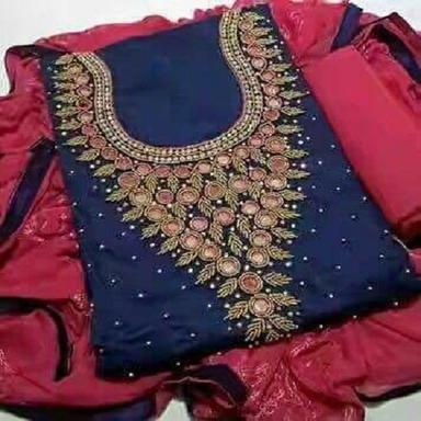 Indian Ladies Beautiful Fashionable Blue And Pink Designer Chanderi Salwar Suit