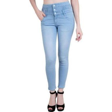 White Ladies Sky Blue High Waist Ankle Length Fit Stretecheable Denim Jeans For Casual Wear