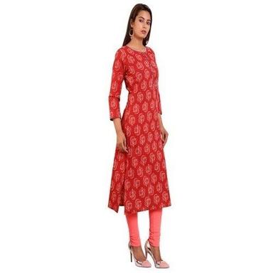 Womens Casual Wear Comfortable And Breathable 3/4 Sleeves Round Neck Red Cotton Kurta Decoration Material: Cloths