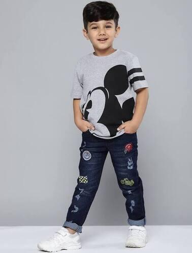 Blue Kids Casual Wear Round Neck Shorts Sleeves Comfortable Fancy T Shirt And Jeans
