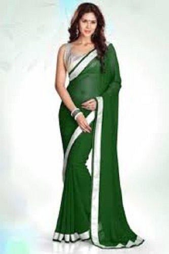 Georgette Women Casual Wear Breathable Plain Cotton White Green Saree With Unstitched Blouse Piece