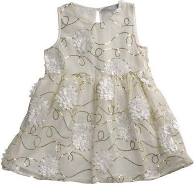 Party Wear Breathable Sleeveless Embroidery White Kids Frocks