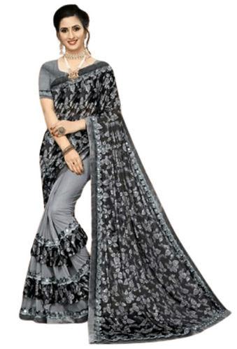 Black And Grey Beautiful Stunning Look Ethnic Wear Comfy Lycra Sarees