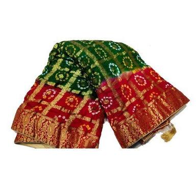 Silk Ladies Designer Green And Red Bandhani Ladies Saree With Blouse Piece Set