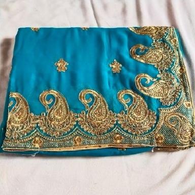 Art Silk Elegant And Beautiful Georgette Blue Stone Work Fancy Ladies Saree With Blouse Piece Set