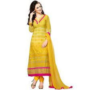 Indian Party Wear Unstitched Yellow Cotton Designer Yellow Churidar Suit Dress Material