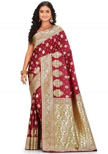 Cotton Ladies Beautiful Comfortable Light Weight Maroon And Golden Silk Saree