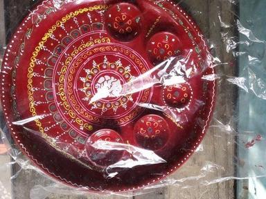 Silver Beautiful Handpainted Daily Rituals Red Stainless Steel Pooja Thal