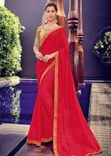 Cotton Silk Women Party Wear Elegant Look Lightweight Golden Border Plain Red Saree