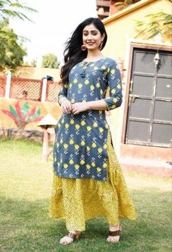 Grey And Yellow Printed Round Neck Party Wear Ladies Cotton Suit And Skirt Set Decoration Material: Paint