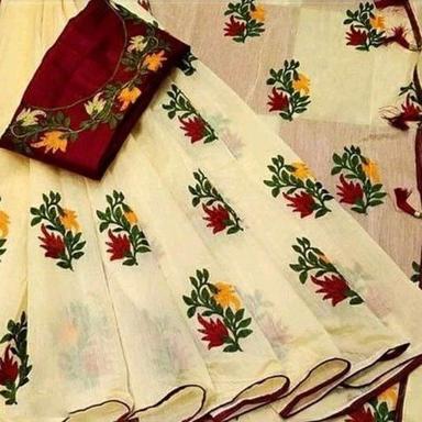 Winter Flower Printed White With Maroon Combination Party Wear Chanderi Cotton Silk Saree With Printed Blouse