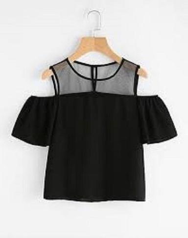 Chiffon Women Comfortable And Breathable Long Lasting Stylish Open Shoulder Black Plain Top 