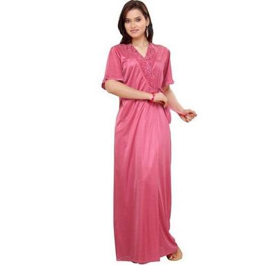 Satin Pink Color Plain Ladies Nightwear Comfortable And Breathable Short Sleeve Pure Cotton