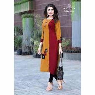  Beautiful Printed Pattern Yellow And Red Colour Long Sleeves Ladies Kurti Decoration Material: Laces