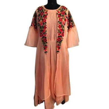 Brown Party Wear Full Sleeves And Ladies Chanderi Silk Single Available Redy To Ship Embroidered Long Dress 