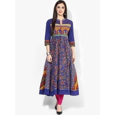 Women Comfortable And Breathable Round Neck 3/4 Sleeves Blue Printed Kurti Decoration Material: Paint