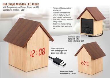 Light Brown A121 Hut Shape Wooden Led Clock With Temperature And Sound Sensor