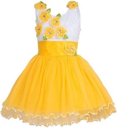 Washable Yellow Net Sleeve Round Neck Floral Designer Baby Girl Frocks For Party Wear