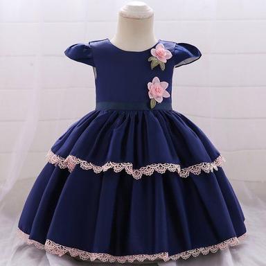 Royal Bule Stylish Dark Blue Colour Round Neck Plain Half Sleeve Party Wear Baby Frocks