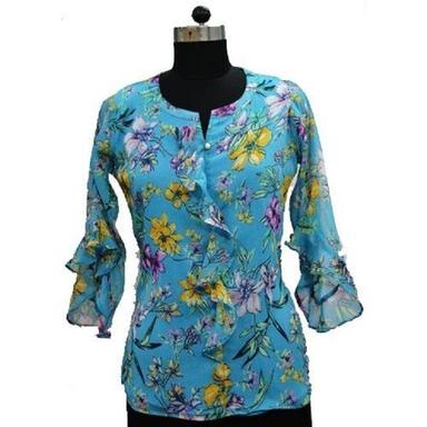 Plain Sky Blue Party Wear And Digital Printed Tops For Ladies 