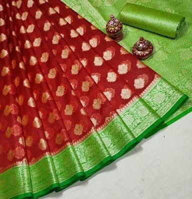 Summer Casual Wear Red And Green Banarasi Cotton Silk Saree With Blouse Piece 