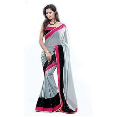 Gray Cotton Chiffon Stone Work Party Wear Traditional Fancy Saree For Ladies 