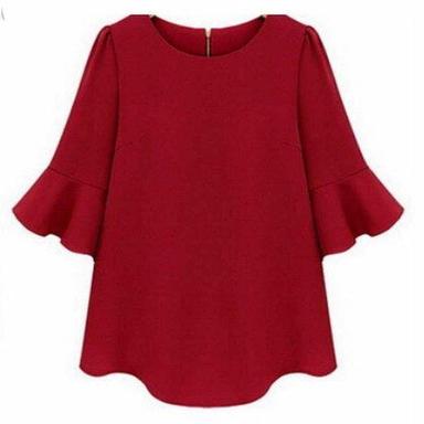Dresses Full Sleeve Round Shape Cotton Plain Red Fancy Tops For Women