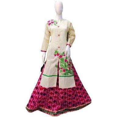 Red And Beige Cotton Printed Fancy Ladies Skirt With Suit