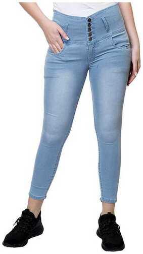 High Waist Plain Pattern Slim Fit Blue Ladies Jeans For Casual Wear