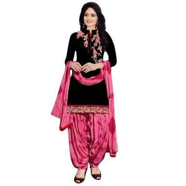 Indian Ladies Stylish Designer Comfortable Printed Black And Pink Cotton Salwar Suit