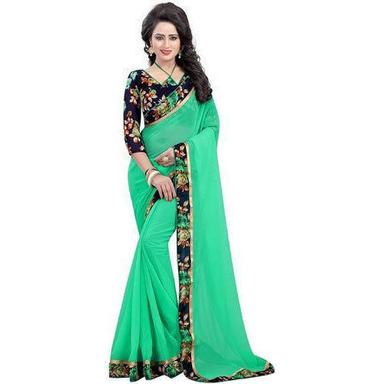 Party Wear Ladies Beautiful Elegant Look Comfortable And Skin Friendly Green Plain Saree 