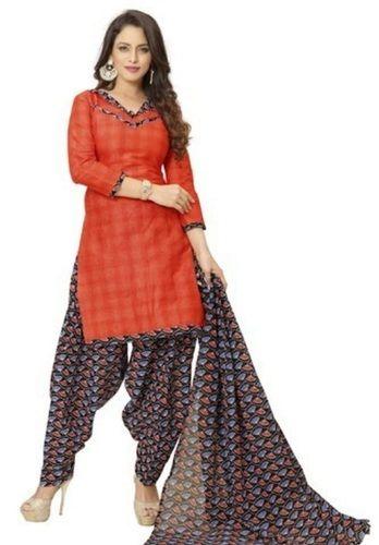 Orange And Purple Women 3/4 Sleeves Lightweight Comfortable Breathable Printed Salwar Suit