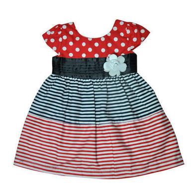 Washable Round Neck Red And Black Printed Half Sleeve Fancy Baby Frock 